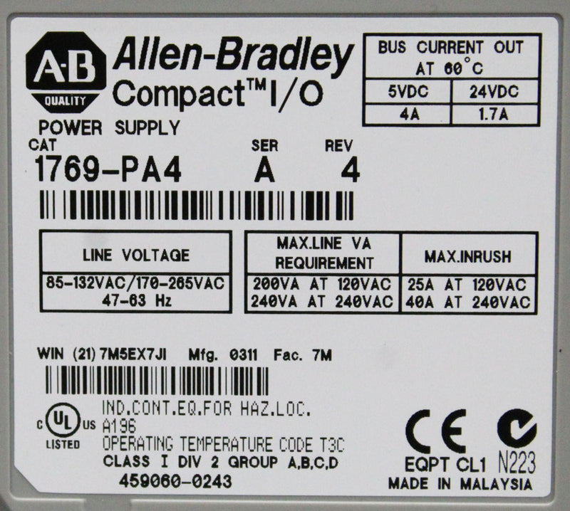 Allen-Bradley1769-PA4压缩LogixAC/DC供电模块